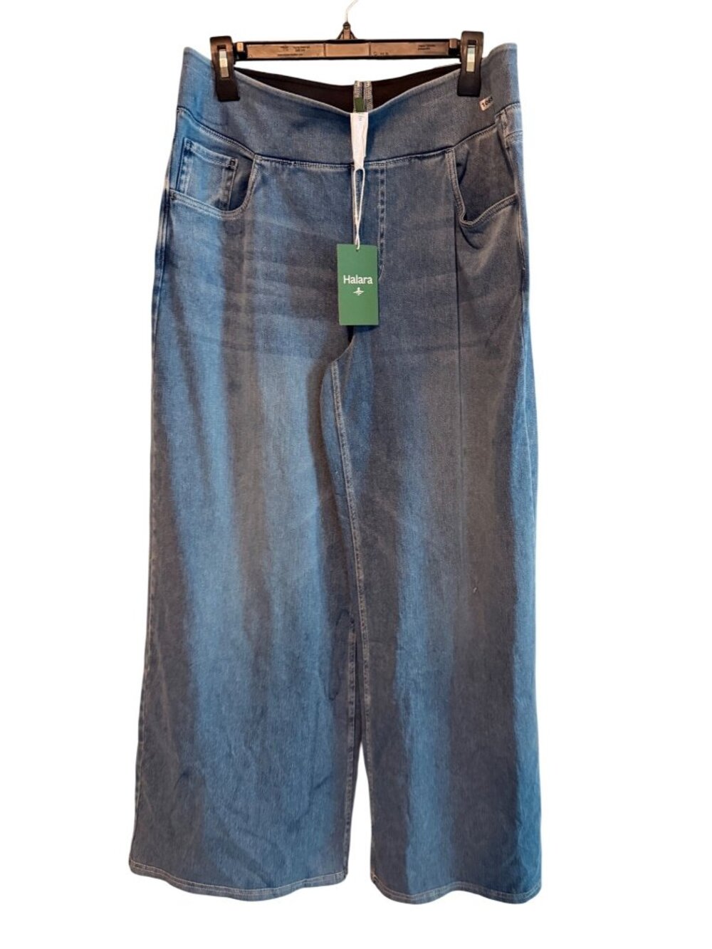 Halara Flex High Waisted Wide Leg Sz XL Washed Denim Pants With Stretchy Knit Fa